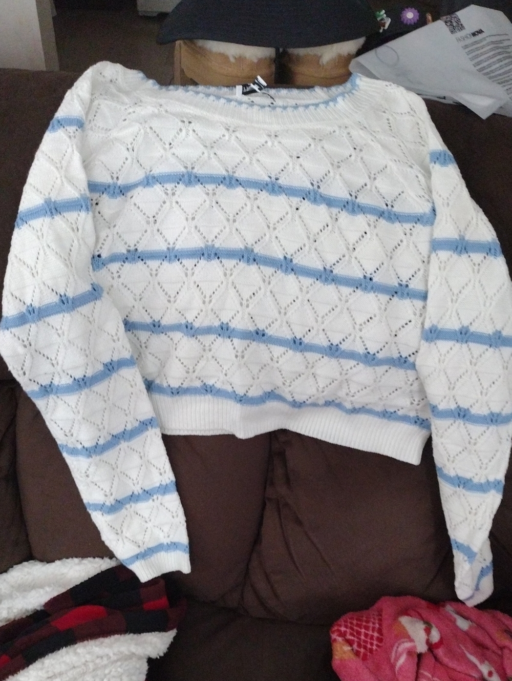 Freshman White and Light Blue Striped Open-Knit Crewneck Sweater Skirt Set